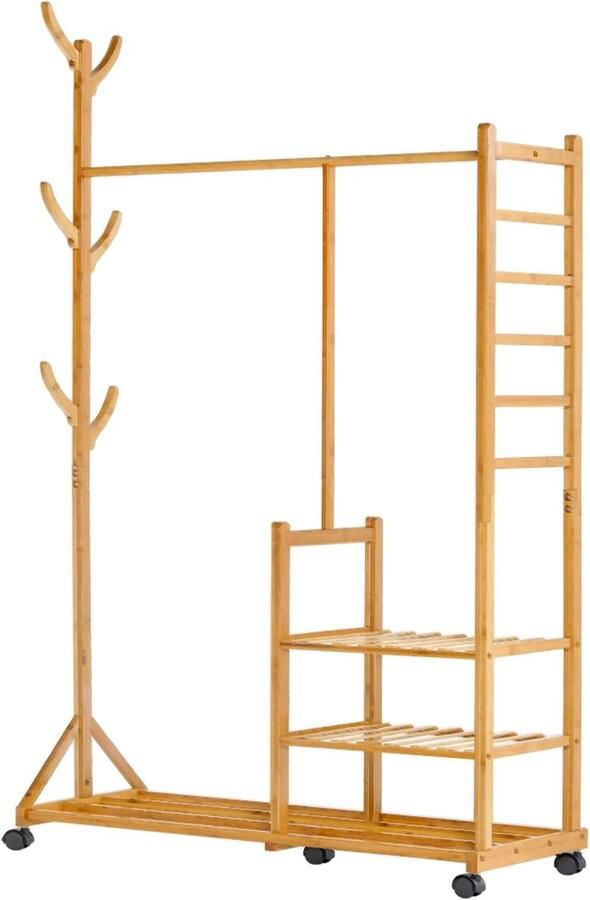 4-in-1 kledingrek bamboe met kapstok en opbergplanken