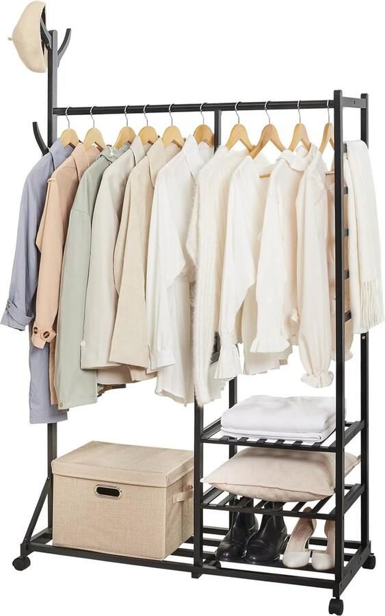 4-in-1 Kledingrek van Bamboe met Kapstok Boomdesign en Opbergplanken