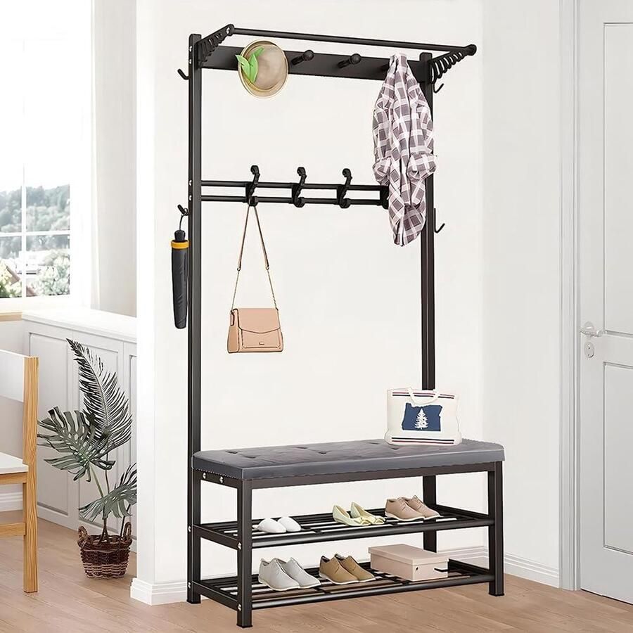 4-in-1 Wardrobe with Sofa Coat Rack Shoe Rack 14 Hooks Metal Coat Rack 2 Shelves Clothes Rack Wardrobes for Hallway and Living Room 100 x 33 x 170 cm halmeubel met kapstok