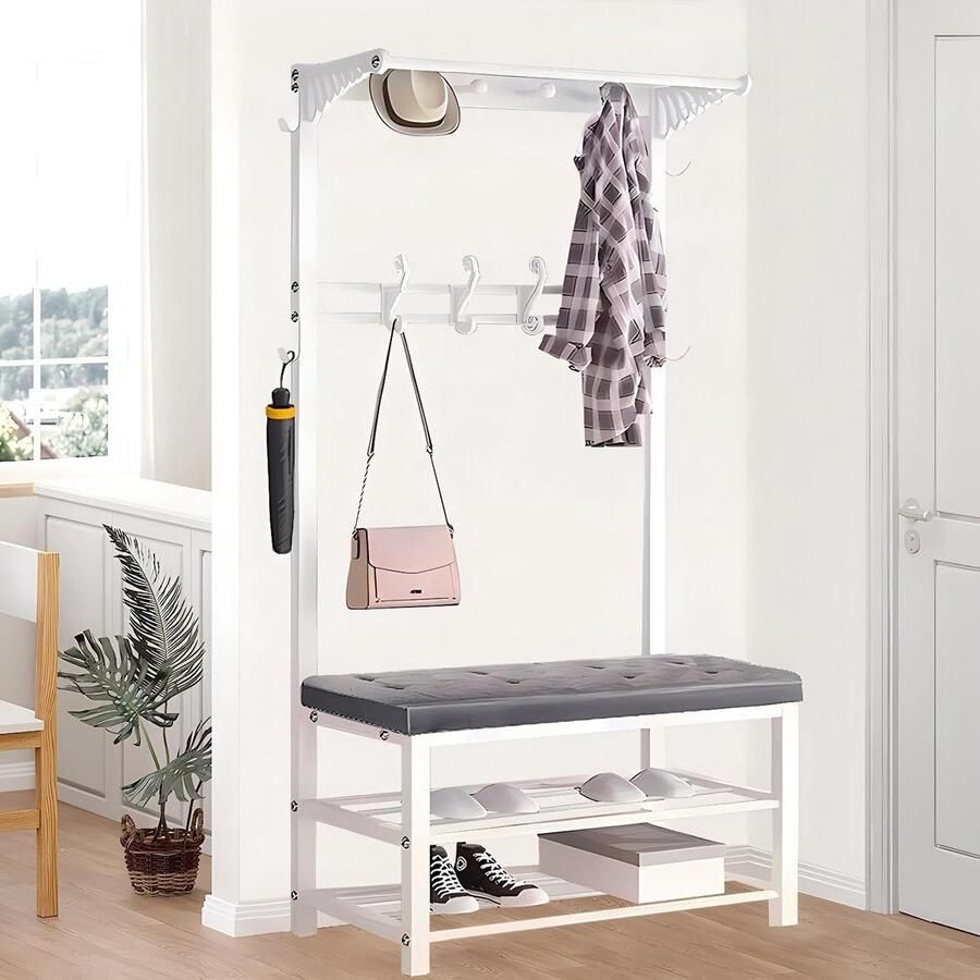 4-in-1 Wardrobe with Sofa Coat Rack Shoe Rack 14 Hooks Metal Coat Rack 2 Shelves Clothes Rack Wardrobes for Hallway Living Room 100 x 33 x 170 cm halmeubel met kapstok