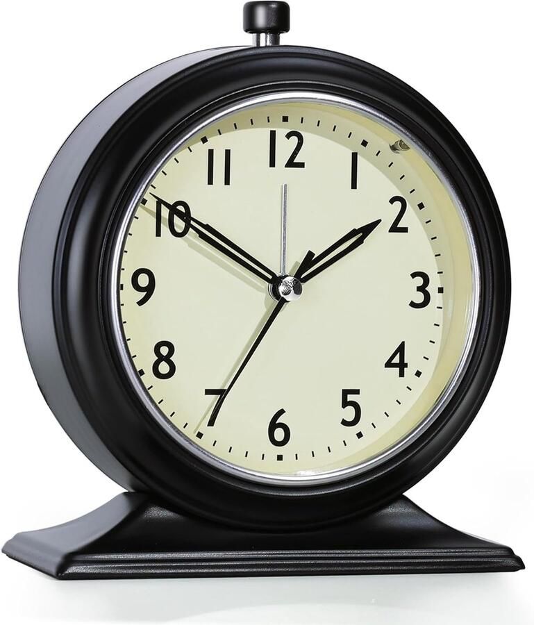 4-inch kleine wekker – Retro analoge wekker met licht stille metalen tafelklok voor slaapkamer plank of nachtkastje (zwart)