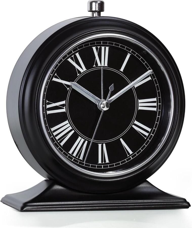 4-inch kleine wekker – Retro analoge wekker zonder tikken met licht stille metalen tafelklok voor slaapkamer plank of nachtkastje (zwart-Romeins)