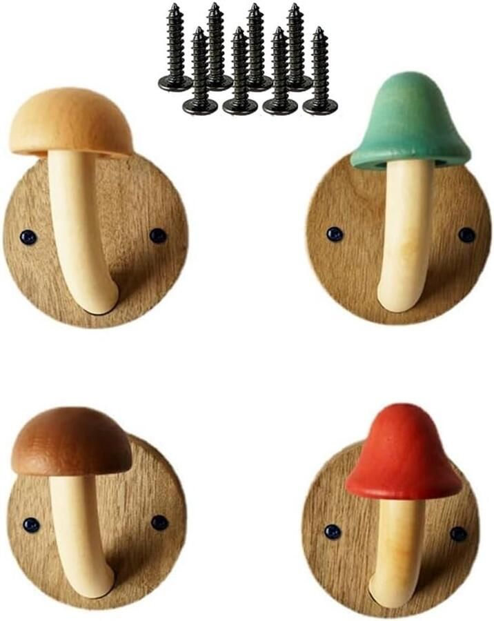 4 STUKS Houten Paddestoel Kapstokhaken Houten kapstok-kledinghaak-deurhaak Paddestoelvormige Kapstokhaken Handdoek Hanger voor aan de Muur Kleurrijk Set Haken met Schroeven