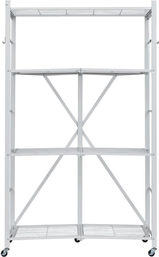 4-Laag Opvouwbare Metalen Opbergplank 36 X 21 X 60 Inch Organisatorrek met Wielen en Haken Geen Montage Vereist Ideaal voor Pantry Keuken Garage Kelder Wit