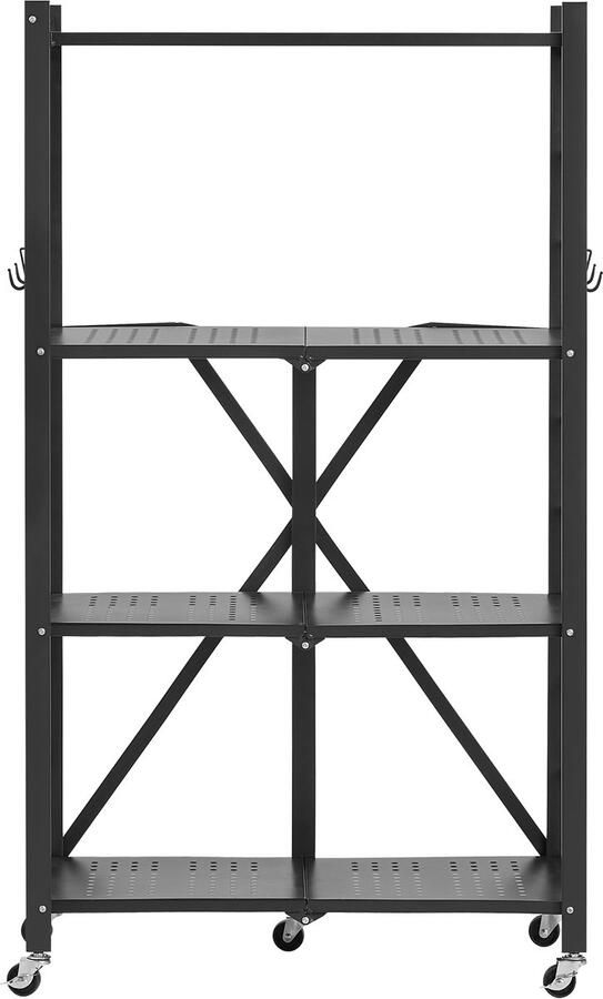 4-Laag Opvouwbare Opbergplank 26 X 13 X 46 Inch Metalen Planken vooraf Gemonteerde Organisator met 5 Wielen en 4 Haken voor Pantry Keuken Garage Kelder Zwart