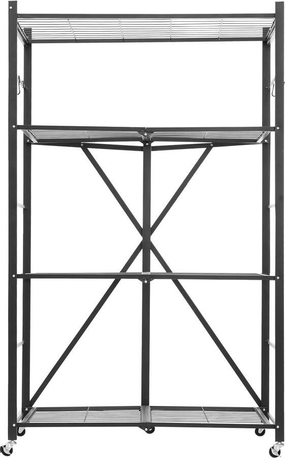 4-Laag Opvouwbare Opbergplank 36 X 21 X 60 Inch Metalen Rekrekken vooraf Gemonteerde Organisator met 5 Wielen en 4 Haken voor Pantry Keuken Garage Kelder Zwart