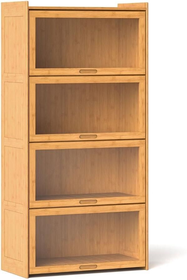 4-laags Boekenkast 140 cm – Bamboe Rek met Helder Acryl Deuren Vrijstaand Opbergmeubel Natuurlijk