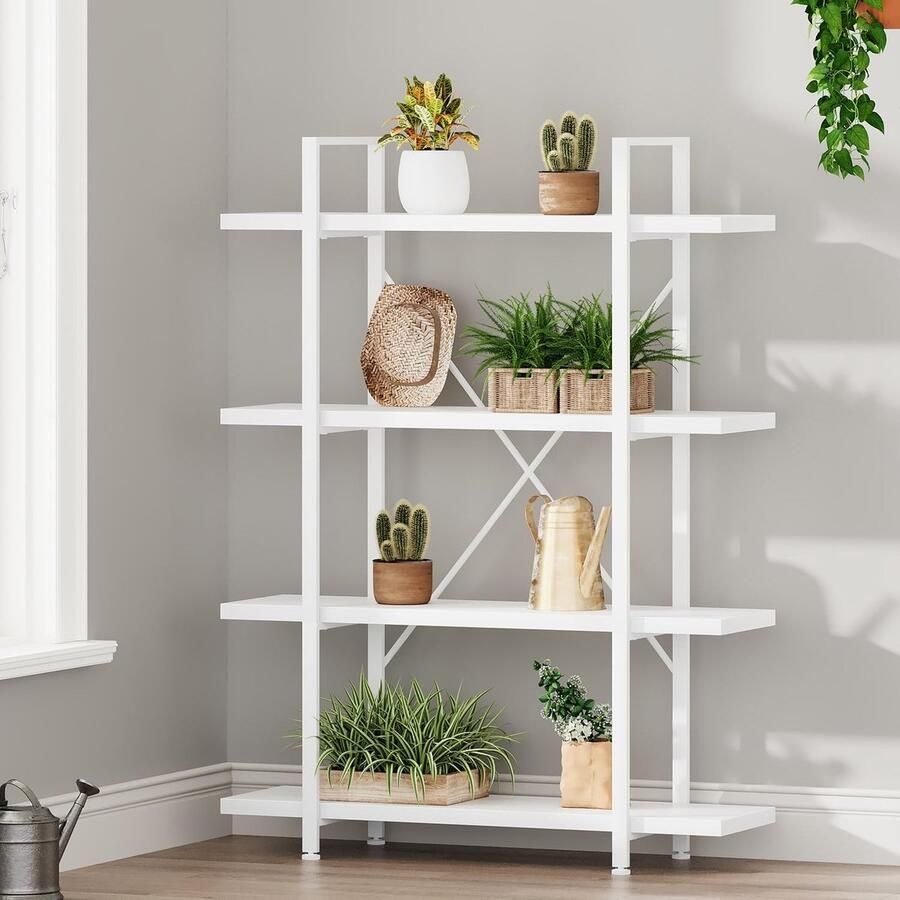 4-Laags Boekenrek – Moderne Open Boekenkast van Wit Eikenhout en Metaal voor Woonkamer of Kantoor