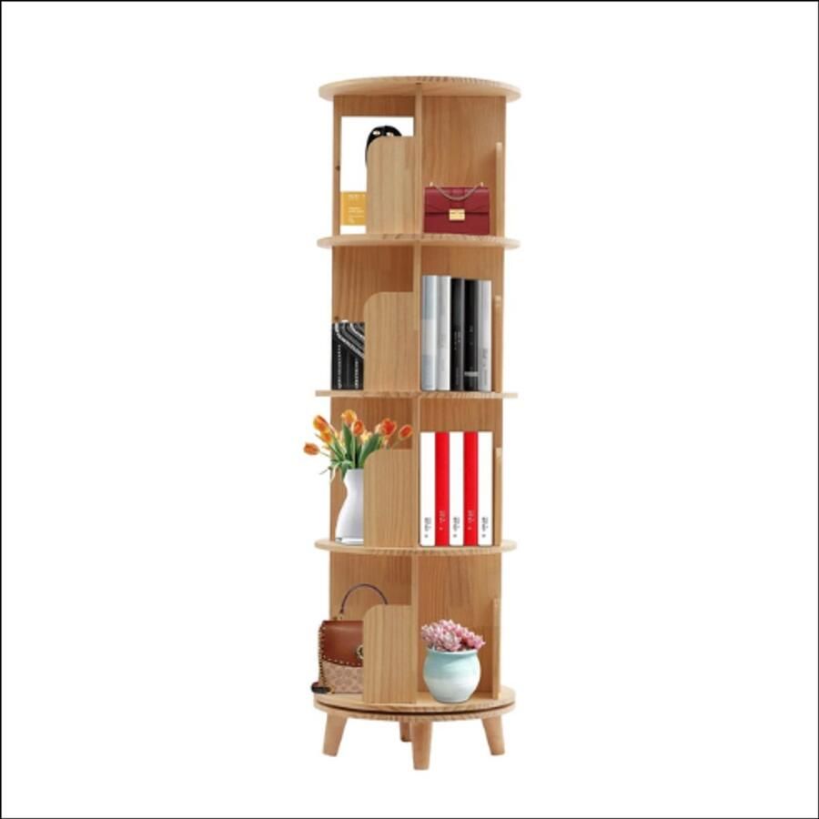 4-laags Draaibare Boekenplank Vloerstaande Boekenkast 360° Draaibaar Massief Hout 46 cm Diameter 124 cm Hoog Maximale Draagkracht 50 kg per Laag Voor Woonkamer Slaapkamer Kantoor