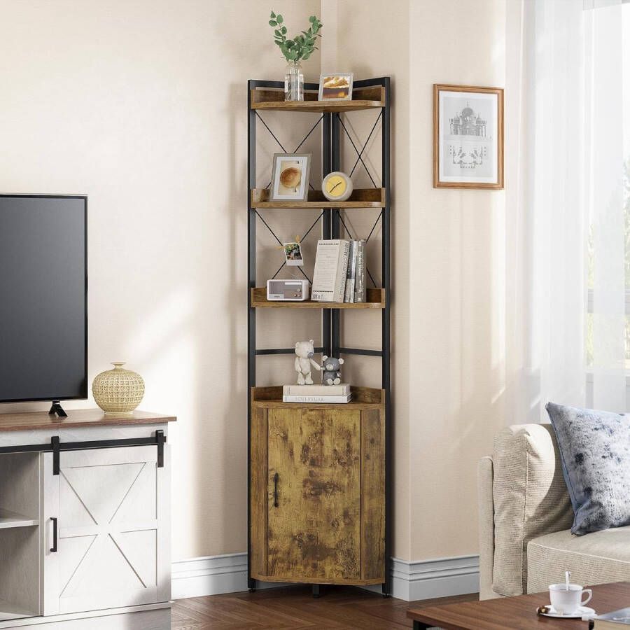 4-laags hoekplank industriële boekenkast met kast vrijstaande houten boekenkast opbergplanken voor woonkamer thuiskantoor hal rustieke bruine boekenplanken