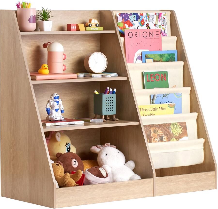 4-Laags Houten Boekenrek voor Kinderen Zeslaags Draagdoekontwerp Opbergrek voor Babyboeken En Speelgoed Opbergkast voor Kinderkamers Zoals Slaapkamers Speelkamers
