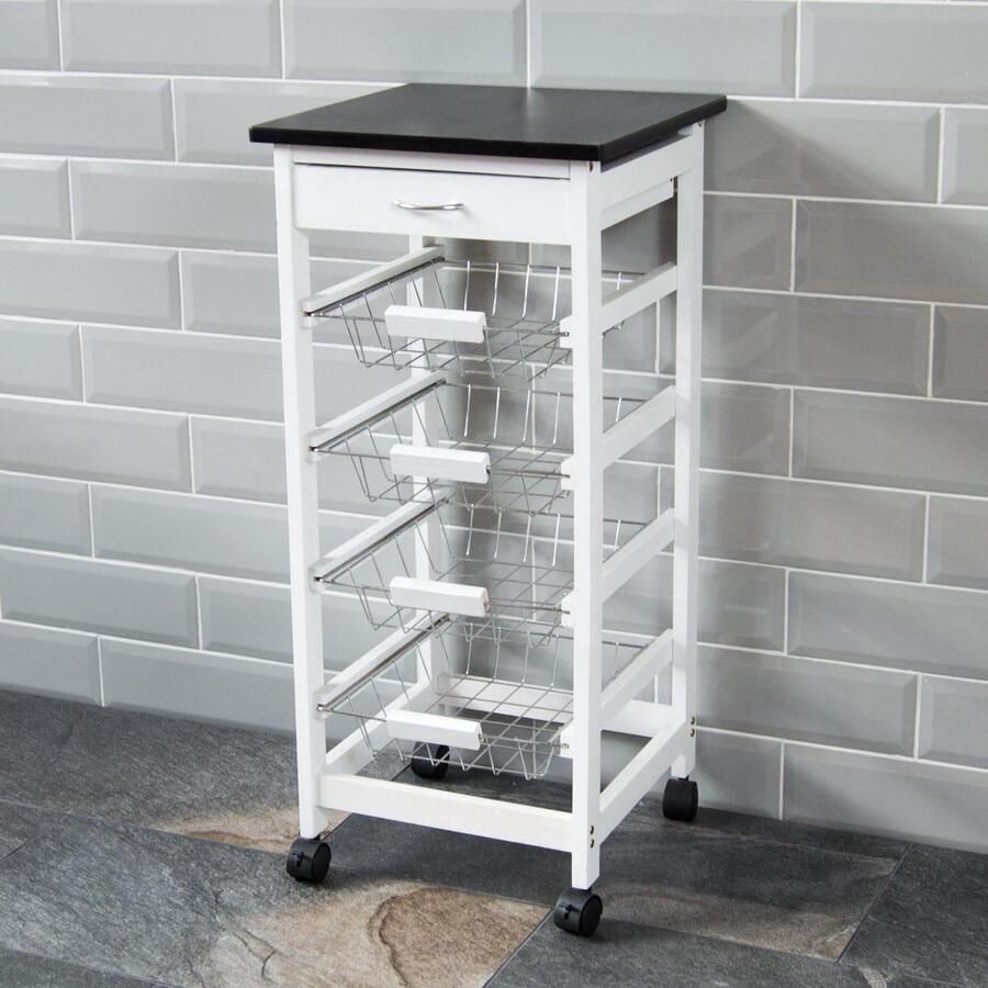 4-laags opbergmanden voor keukentrolley handig en stijlvol 1 stuk wit en zwart grenen 81 x 37 x 37 cm