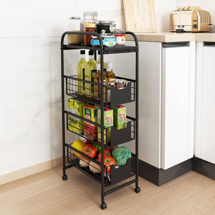 4-laags slanke metalen rolkar met laden. Rollende opbergtrolley voor het uitschuiven van een smalle mobiele plank voor krappe ruimtes