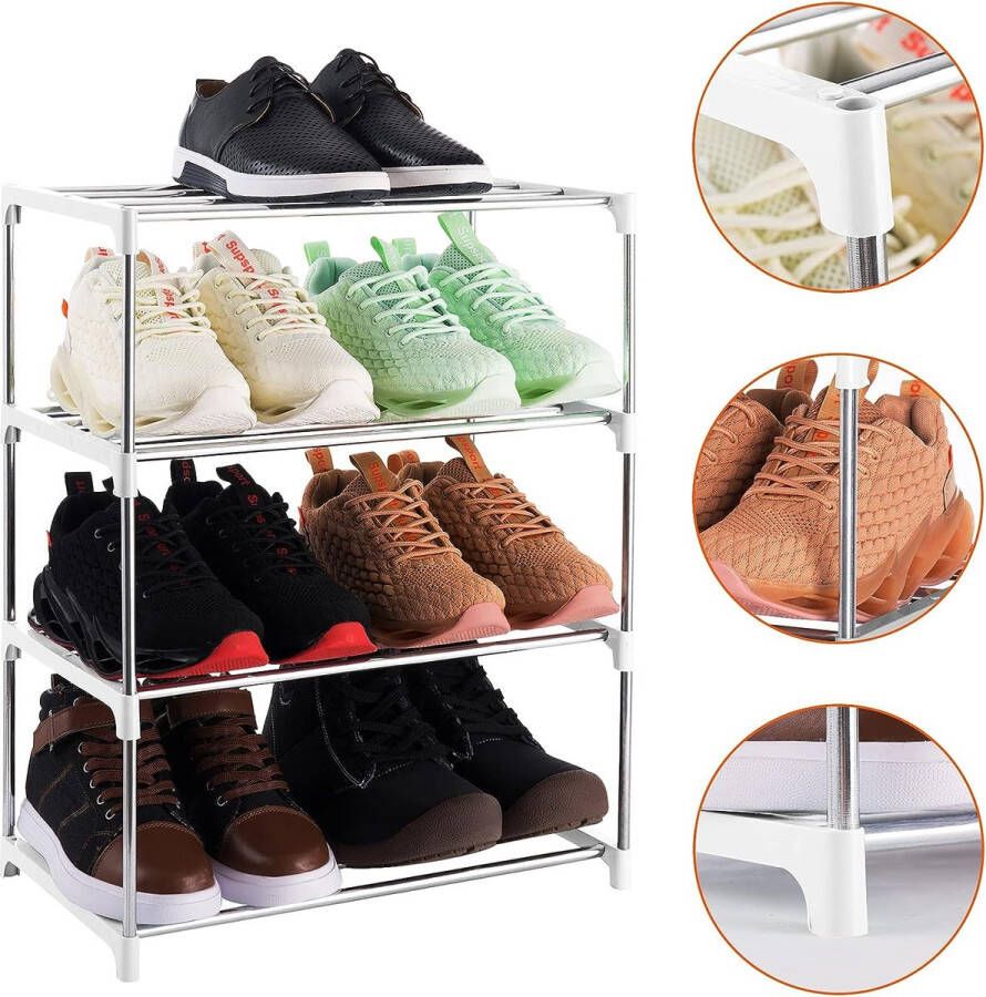 4-laags stapelbaar klein schoenenrek lichtgewicht schoenenrek opbergorganizer voor toegang hal en kast (wit)