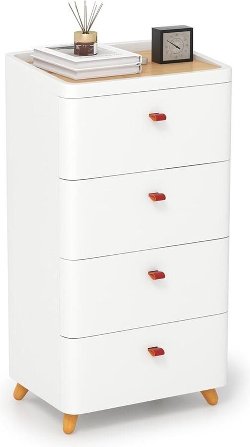 4-laden nachtkastje met uitneembare organizerlade en houten poten multifunctionele kast voor slaapkamer woonkamer badkamer wit 42 x 32 x 81 5 cm