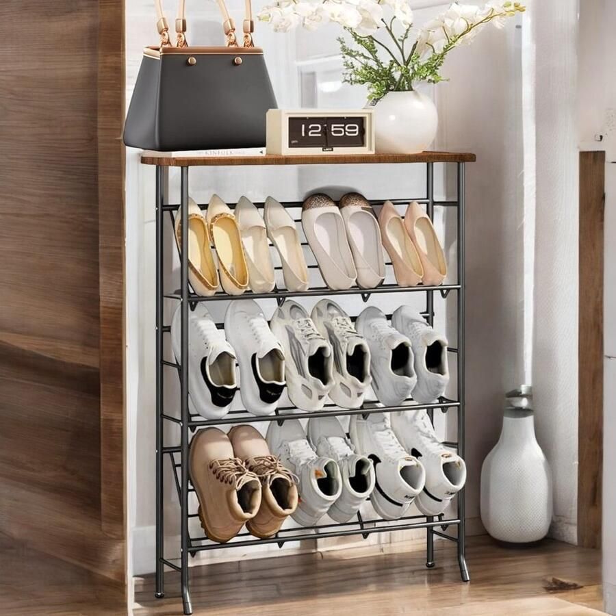 4 lagen smeedijzeren metalen schoenenrek met houten bovenkant zwarte schoenenplank voor de entree Schoenenrek met rustieke zwarte schoenenplank Opbergorganizer voor de entree Geschikt voor 12-16 paar schoenen
