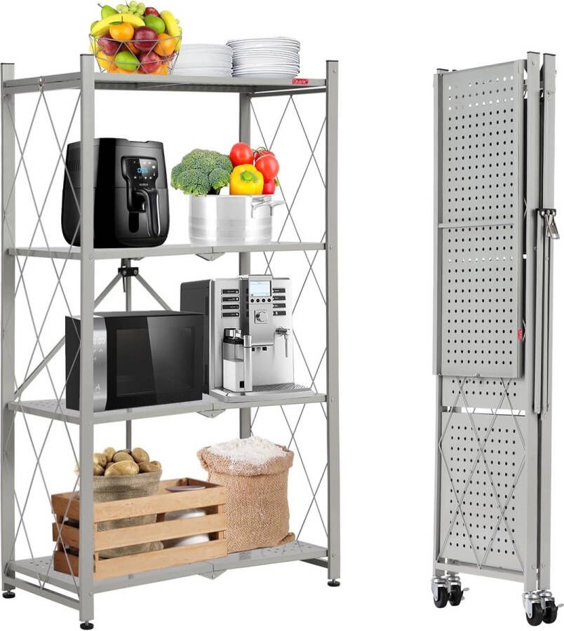 4 lagen zware rekken tot 272 kg opvouwbare keukenplank met wielen 71 x 36 x 127 cm metalen plank zwart keukenplank staande plank opbergplank keukenkelder (grijs)