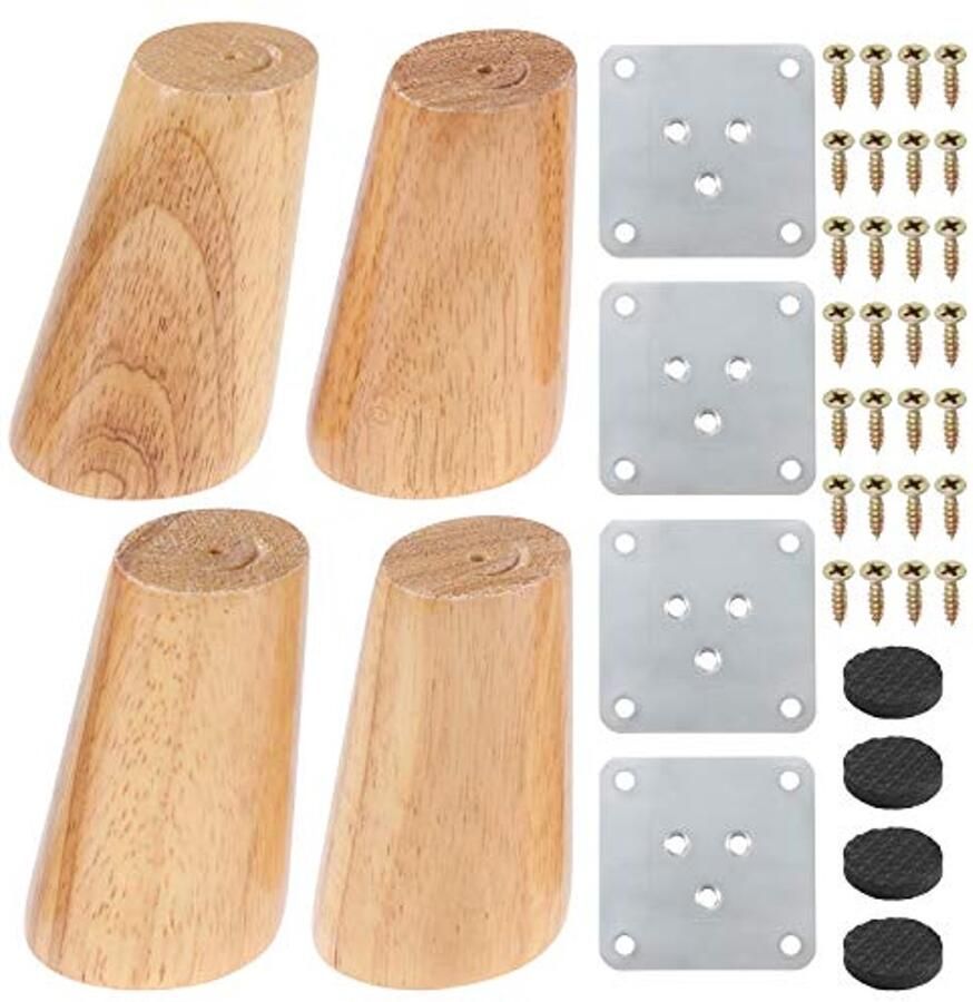 4 massieve houten meubelpoten voor tafels en stoelen – 8 cm vervangingspoten met montageplaten en schroeven