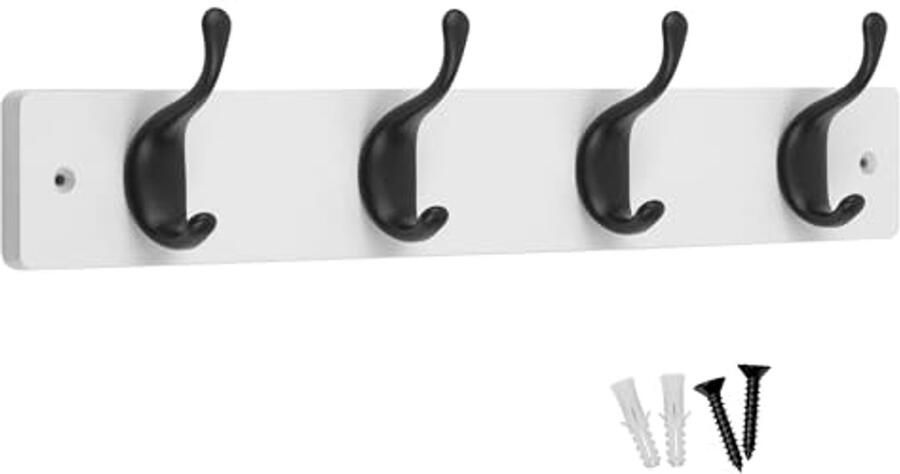 4 Matzwarte Kapstokhaken op Wit Houten Bord Modern Wandrek voor Kleding