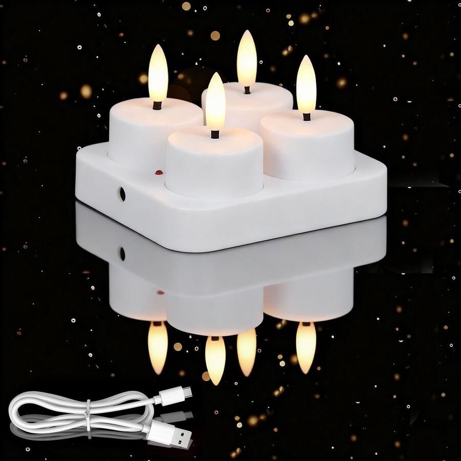 4 oplaadbare theelichtjes met laadstation elektrische oplaadbare kaarsen USB led-theelichtjes oplaadbaar outdoor voor buiten tuin tafel kamer Halloween Kerstmis(Geen afstandsbediening)