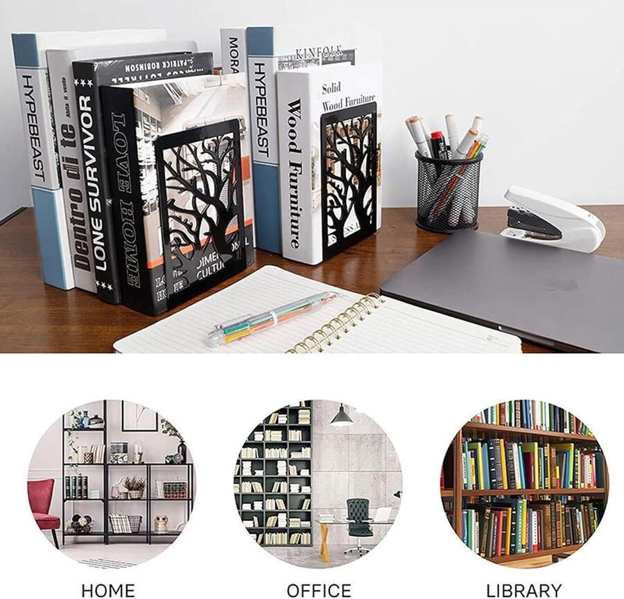 4 paar boekensteunen metalen decoratieve boekenhouder uitgeholde antislip boekenstopper voor kinderen thuis kantoor bibliotheek school (Zwart)