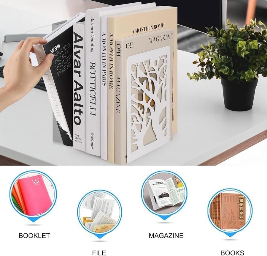 4 paar boekensteunen metalen decoratieve boekenhouder uitgeholde antislip boekenstopper voor kinderen thuis kantoor bibliotheek school (Wit)