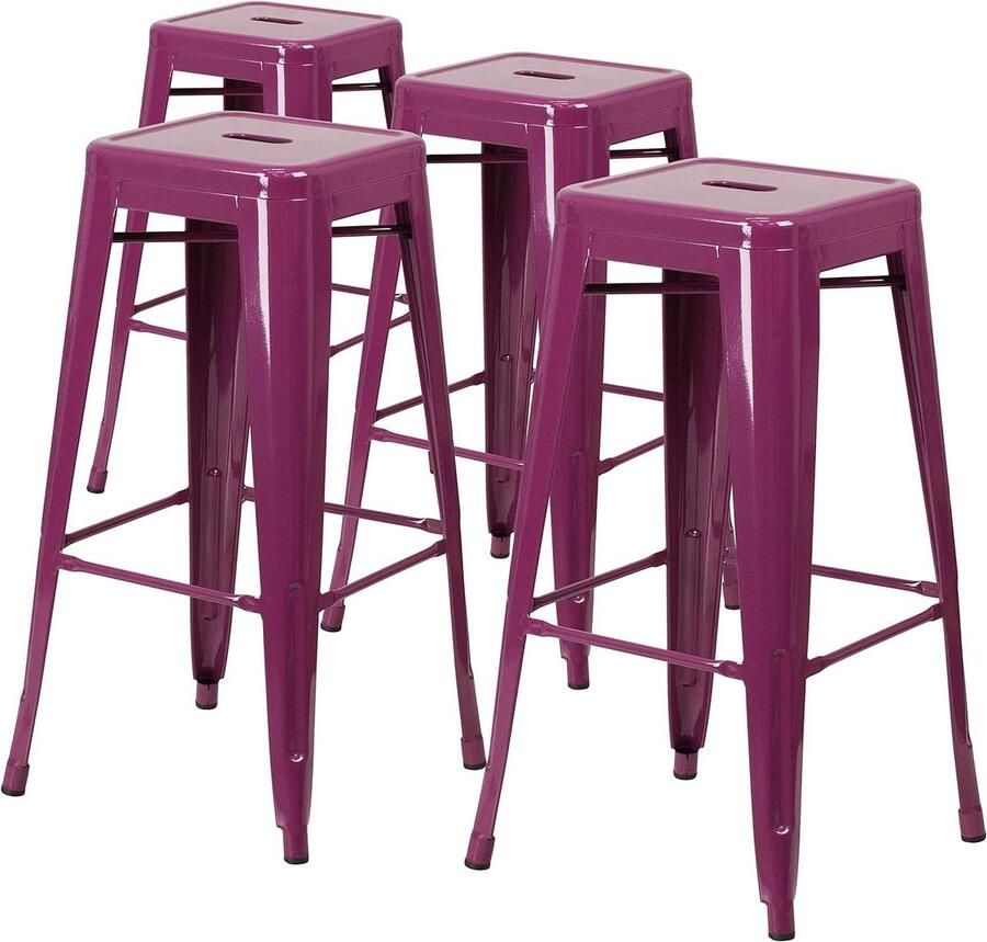 4 Pack 30 inch hoge rugloze metalen barkruk binnen en buiten vierkante zitting kunststof ijzer paars set van 4 commerciële kwaliteit Barkruk
