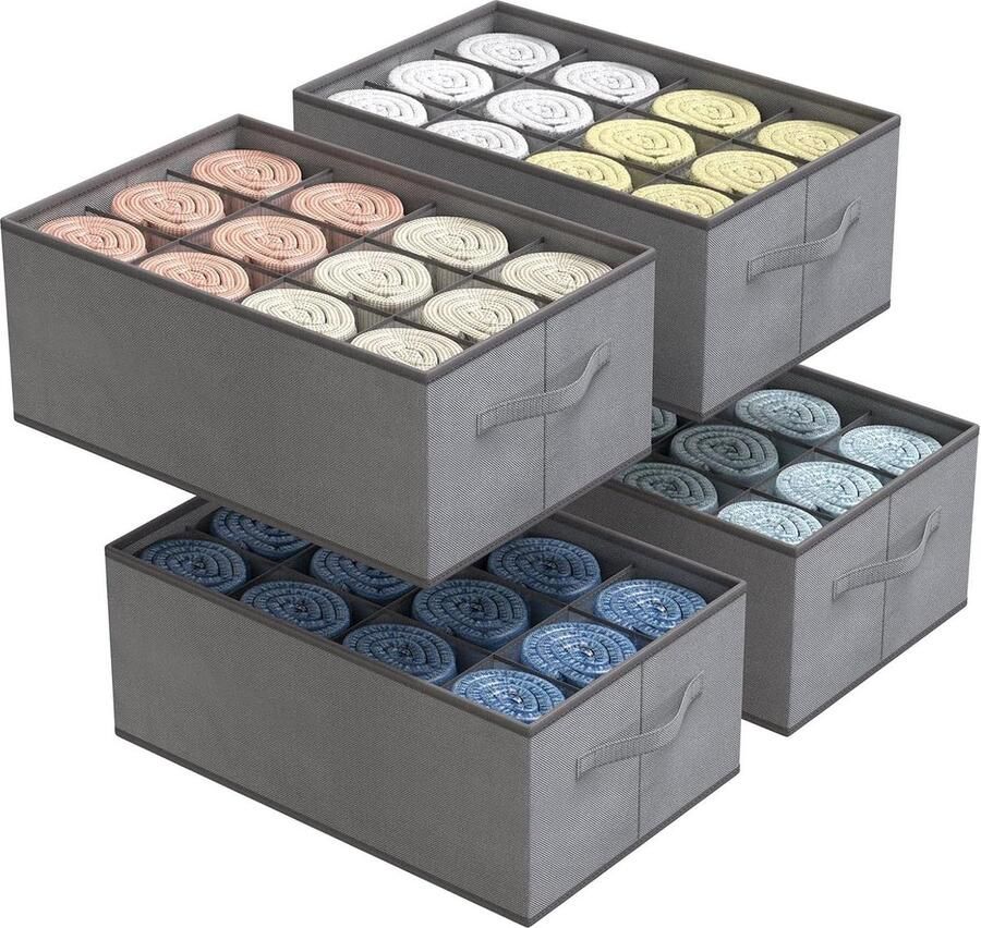 4 Pack Drawer Organiser Clothes Storage Boxes 12 Cell Foldable Drawer Dividers with Handle for Wardrobe Organization Jeans Trouser Pants T-shirt Scarves Flaxen