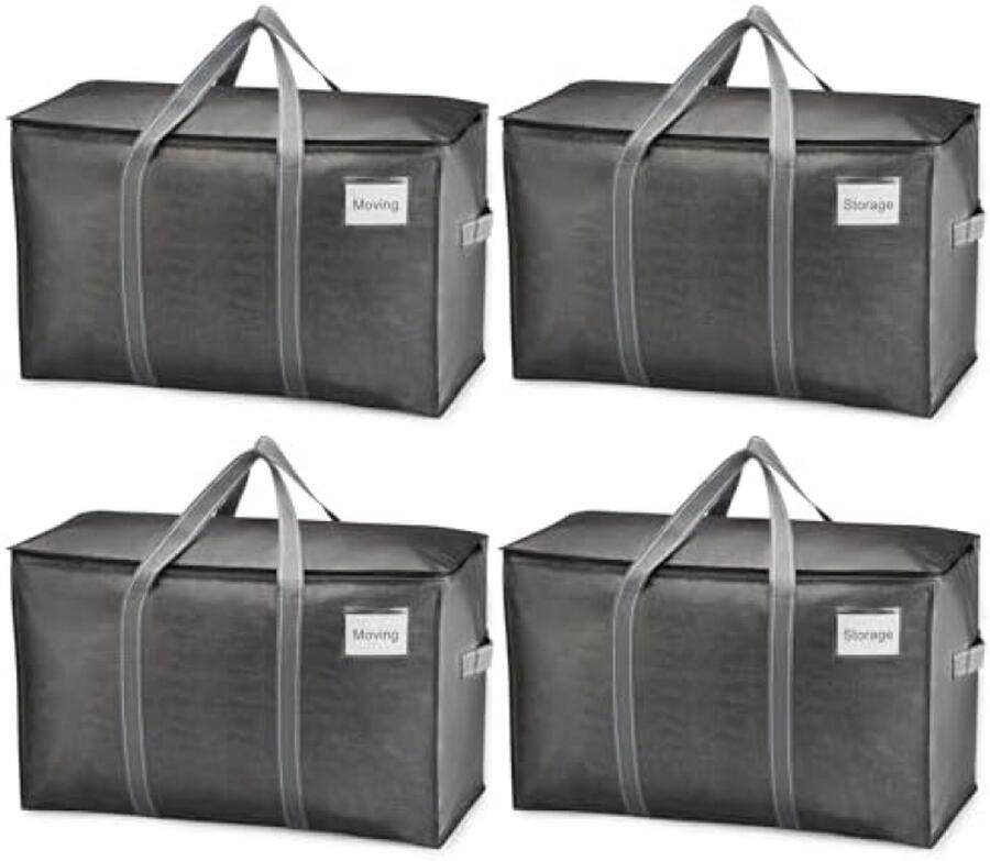 Selbro 4-pack extra grote verhuiszakken met ritsen opvouwbare zware draagtassen voor ruimtebesparing alternatief voor verhuisdozen verpakkingsbenodigdheden plastic opbergbakken (donkergrijs 4 stuks)