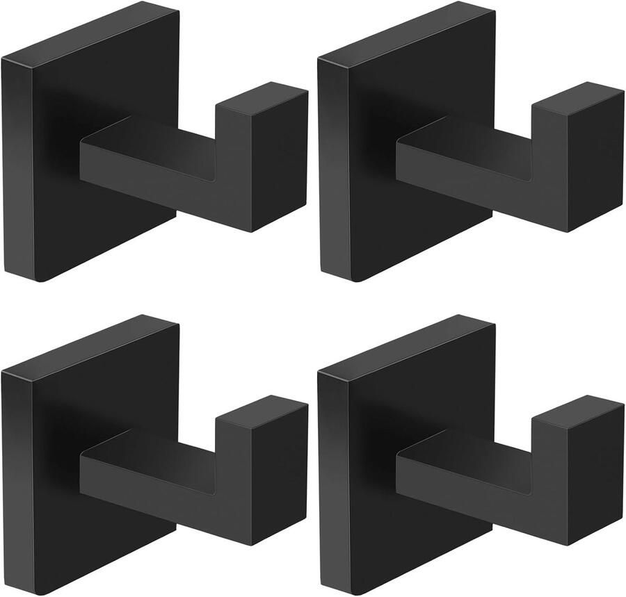 4-pack handdoekhaken handdoekhouder voor badkamermuur woonkamer slaapkamer keukenkast robuuste roestvrijstalen haakhanger voor badjas badhanddoek jas (vierkant mat zwart)