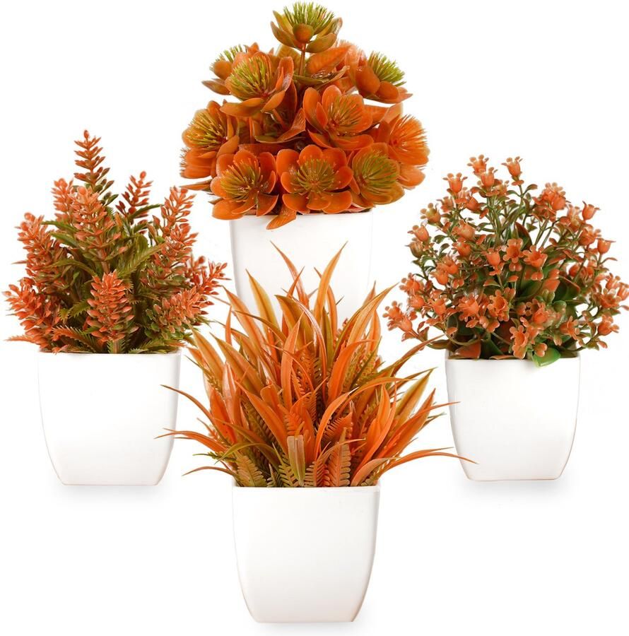 4 -Pack Herfst Kunstmatige Potplanten Herfstplanten Herfst Mini Kunstmatige Planten Nepbloemen Herfstdecoratie Indoor Familie Eettafel Badkamer Bureau Decoratie