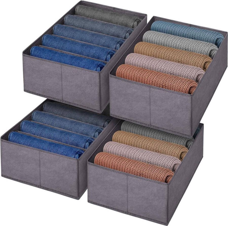 4 Pack Jeans Lade-organizer Opvouwbare Stoffen Kledingopbergdoos Oplossingen voor Kledingkastopslag T-shirt Slaapkameropbergcontainer (Grijs)