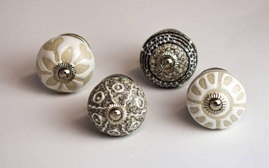 4-pack meubelknoppen van keramiek wit en grijs diameter: 40 mm kastknop ladeknop incl. schroeven shabby chic vintage