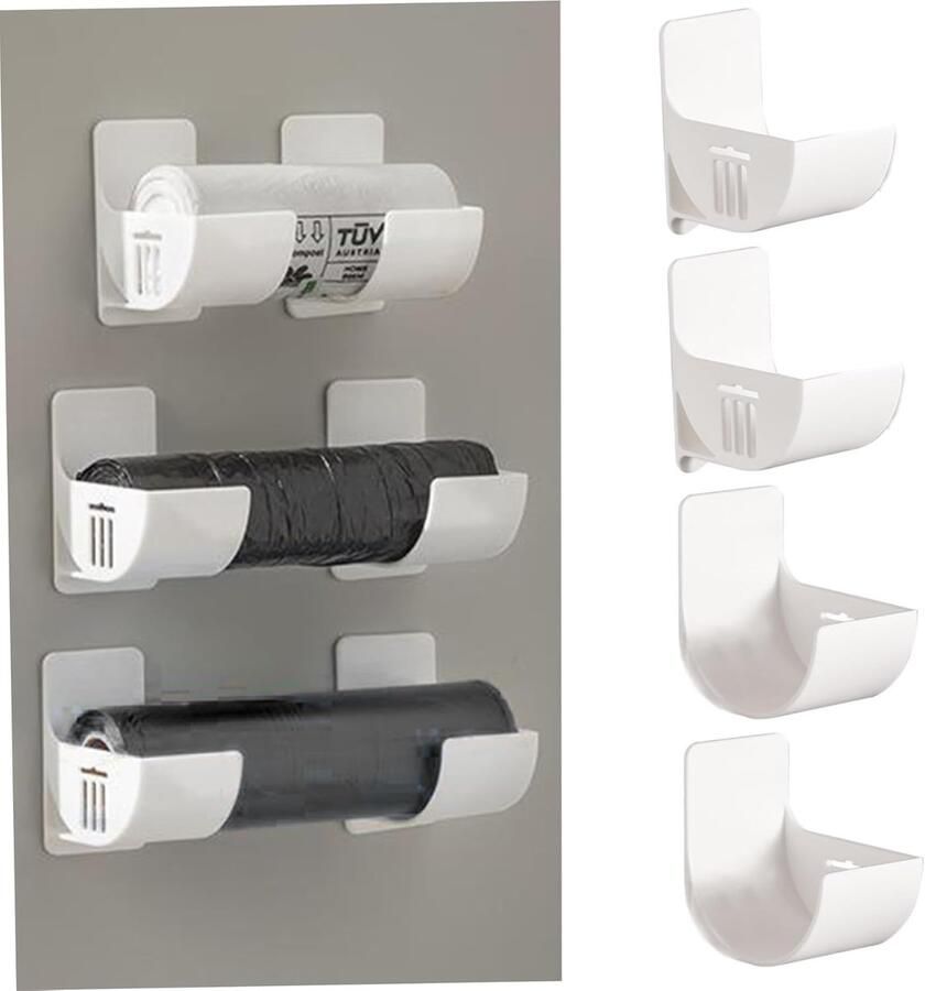 ZVD 4-pack wandgemonteerde vuilniszakdispenser waterdicht zelfklevend verstelbaar plastic rek voor de keuken