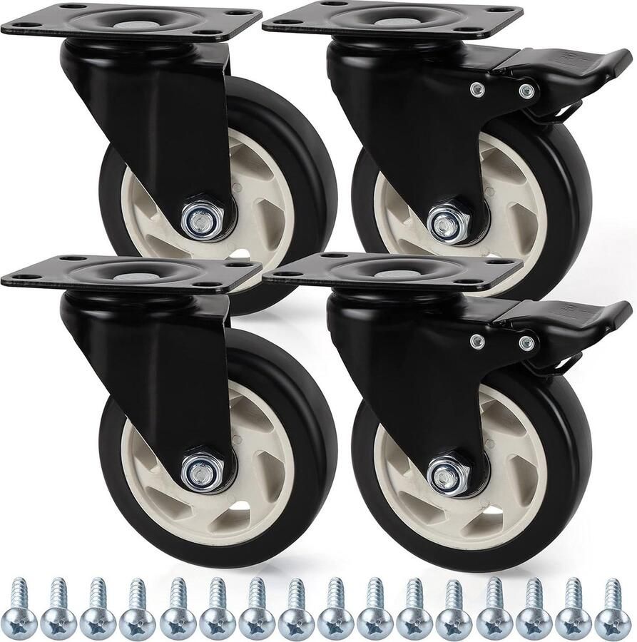4-Pak Zware Kwaliteit Zwarte Swivel Zwenkwielen 100mm Rubberen Zwenkwielen Schroeven Remmen & Metalen Platen Maximale Capaciteit 320 kg Trolleys Bewegende Meubels Werkbanken