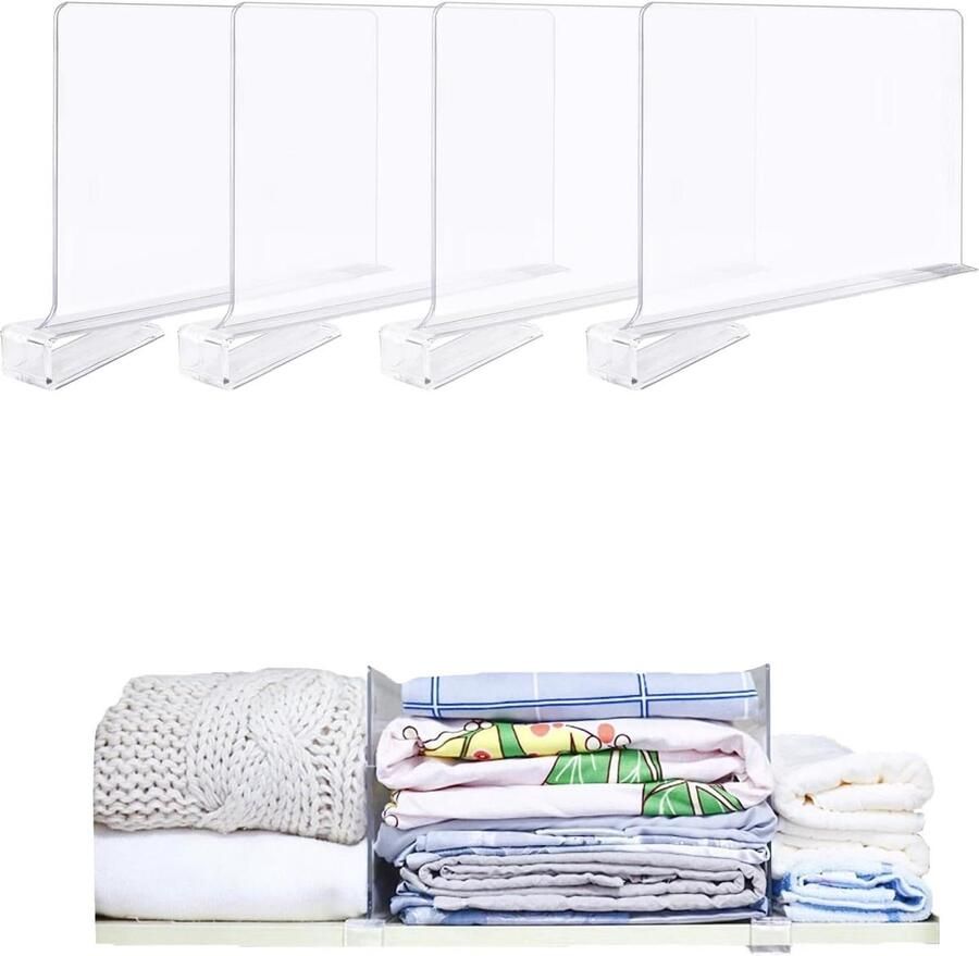 Acryl Plank Verdelers Duidelijke Plank Verdeler voor Garderobe Kleren Planken Kast Organisators Ladescheiders Verstelbare Kledingopslag voor Slaapkamer Keuken Kantoor Transparant 4 PCS