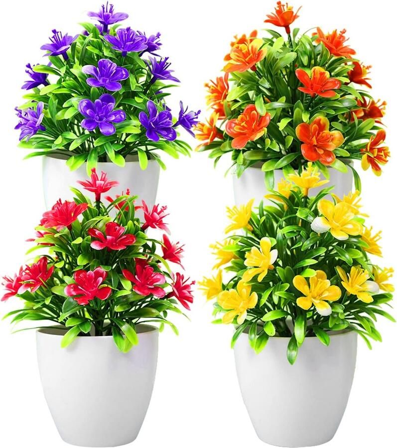 4 Pcs Artificial Flowers Potted Mini Lifelike Fake Plants with Pot Plastic Kunstplanten voor Binnen Buiten Huizen Cafés Tafel Bureau Decor