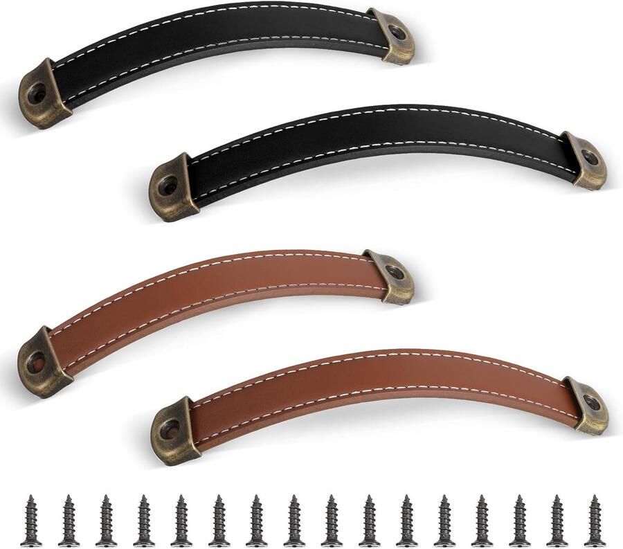 4 Pcs Leer Meubelhendels 2 Groottes Handgemaakte Leer Meubelhendels Ladehandgreep Kastenknoppen met Messing Schijven en Schroeven voor Keukenmeubels Kledingkast Woondecoratie