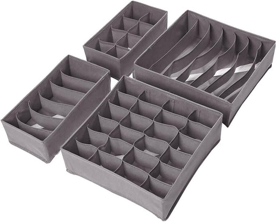 4 Piece Wardrobe Storage System Underwear Storage Box for Bras Underwear Socks and Ties (Grey)
