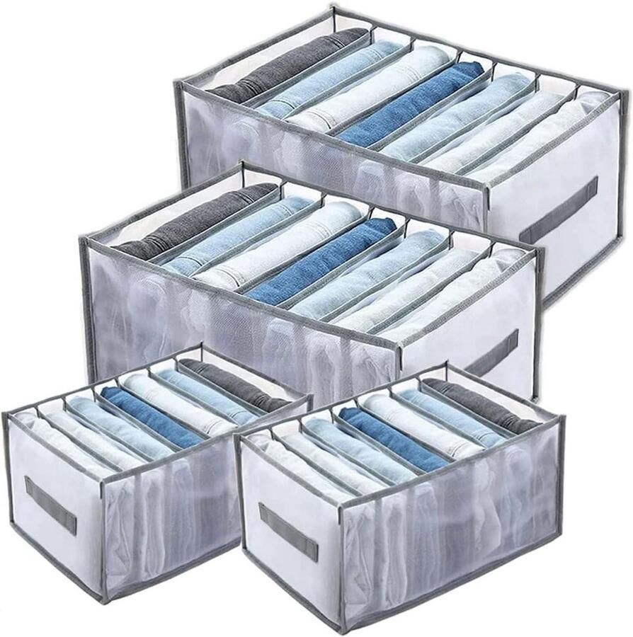 4 Pieces Clothes Organizer 7 Grids Folding Drawers Wardrobe Storage System Mesh Storage Box for Clothes T-Shirt Leggings Jeans Trousers (Grey)
