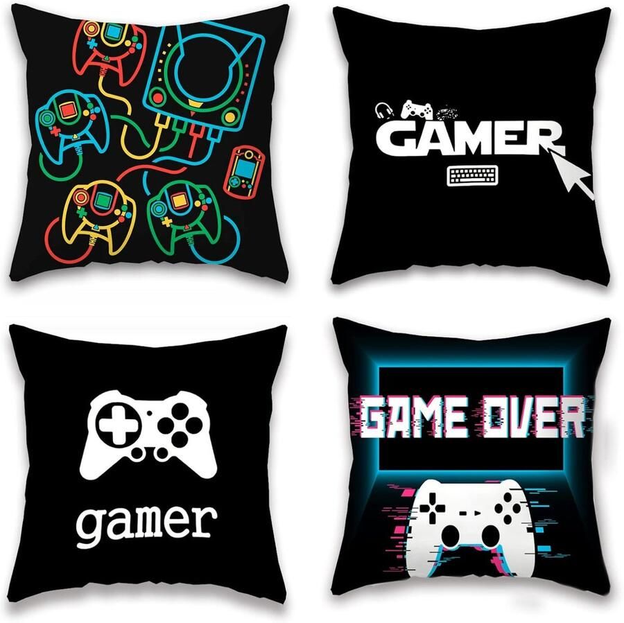 4 Pieces Alphabet Pillow Cases Square Alphabet Game Cushion Cover Pillow Case voor Gaming Fan Video Game Thema Party Sofa Bed Grappig Noviteit Cadeau