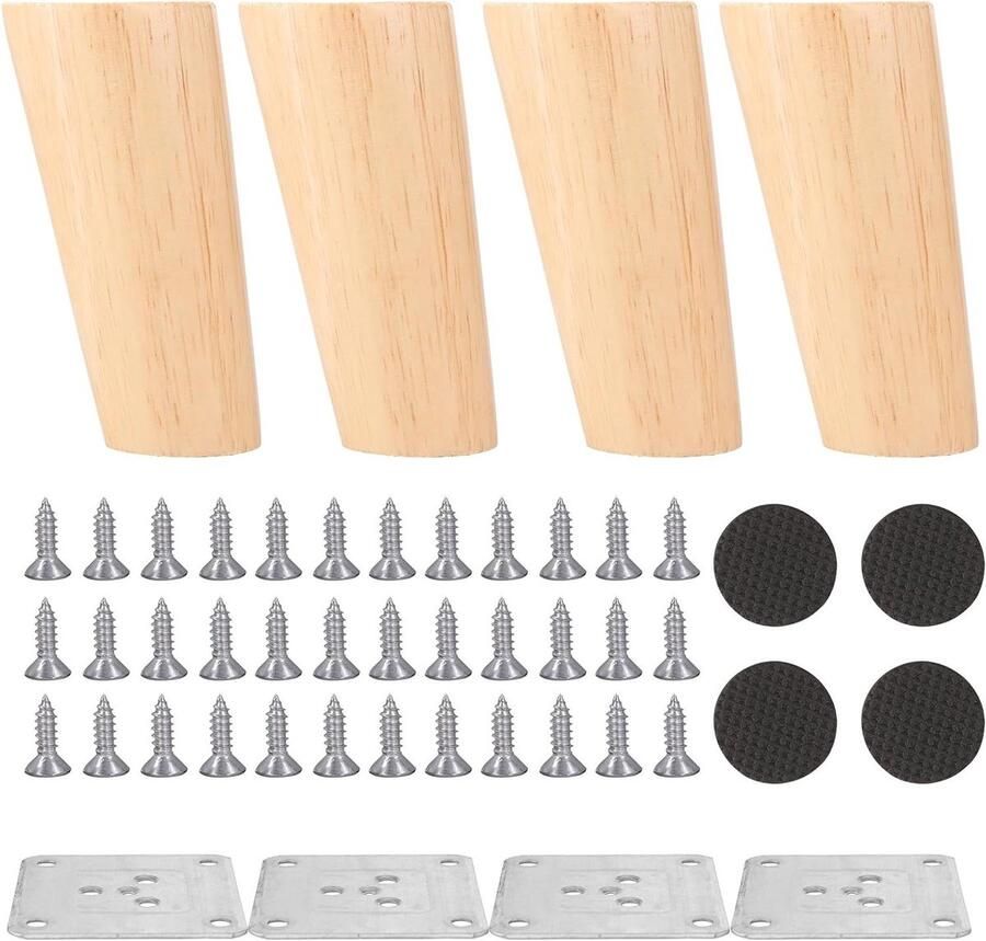 4 Pieces Angled 10 cm Furniture Legs Wood Round Solid Wood Wooden Legs for Furniture Replacement Table Legs with Mounting Plates and Felt Glides for Sofa Bed Sofa