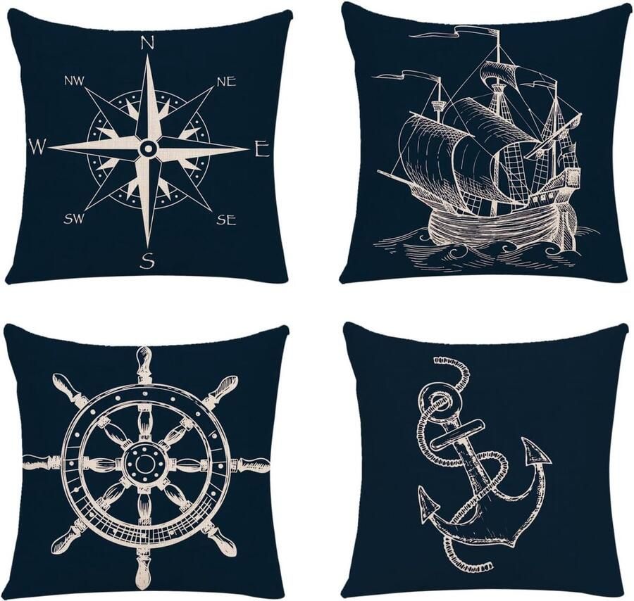 4 Pieces Cushion Covers For Sofa Oceaners Theme Nautical Pillowcase Gaming Cushion Covers Decorative Cushion Covers with Marine Motif for Bed Sofa Garden Car