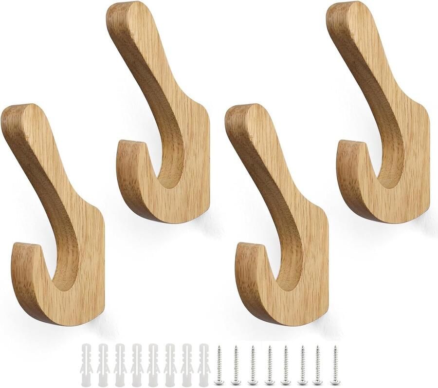 4 Pieces Houten Kledinghaken Massief Hout Wandhaken Garderobe Dubbele Haken Creatieve Kegel met Schroeven en Expansiebuis voor Woonkamer Slaapkamer Keuken