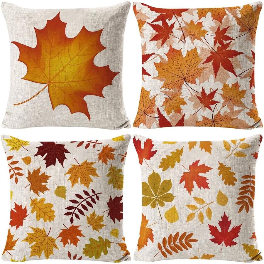 4 Pieces Pillow Cases Thanksgiving Pillow Cases 45x45cm Pillow Cover Decorative Pillows Autumn Pillowcase Maple Leaf Pillowcase Linen Harvest Party Pillowcase Cushion Cover for Sofa Bed