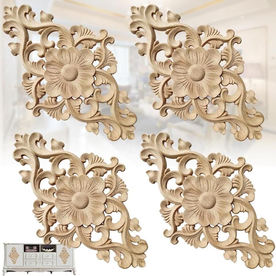 4 Pieces Retro Wood Carving Decal Unpainted Wood Corner Decal Rubber Wood Carved Wooden Corner Onlay Wood Carved Furniture Appliques Voor Ornament Wall Cabinet en Meubeldecoratie