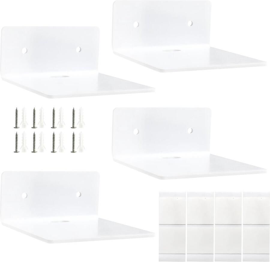 4 Pieces White Acrylic Wall Shelves White Wall Shelves Self-Adhesive Mini Wall Shelves for Bathroom Kitchen Bedroom Living Room 10 x 10 x 5 cm