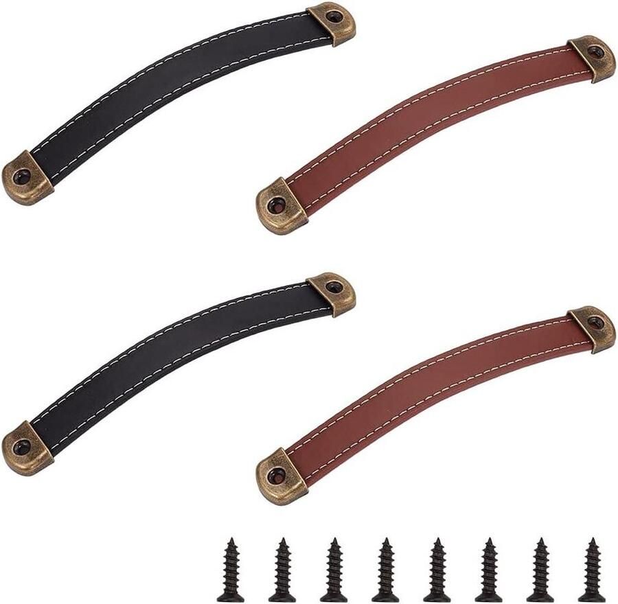 4 Sets 2 Kleuren Lederen Deurklink Lade Trekt Metalen Hardware Kast Koffer Bagage Trekt Grip Deurknoppen Lade Handgrepen Vervanging Kast Pull Strap met Legering Gespen en Schroeven