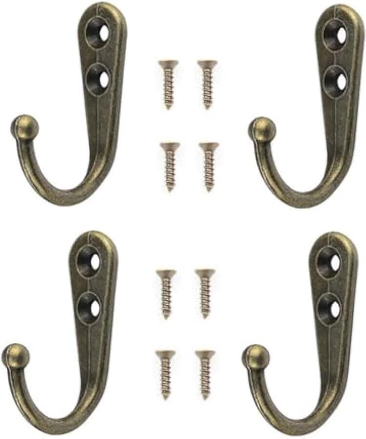 4 STKS Wandmontage Haken Kapstokhaken Retro Deur Robe Haak voor Opknoping Handdoek Kleding Hoed Key Cup Enkele Metalen Haak Doek Hanger voor in Slaapkamer Badkamer Keuken Kast (met 8 Stks Schroeven) -Retro Koper