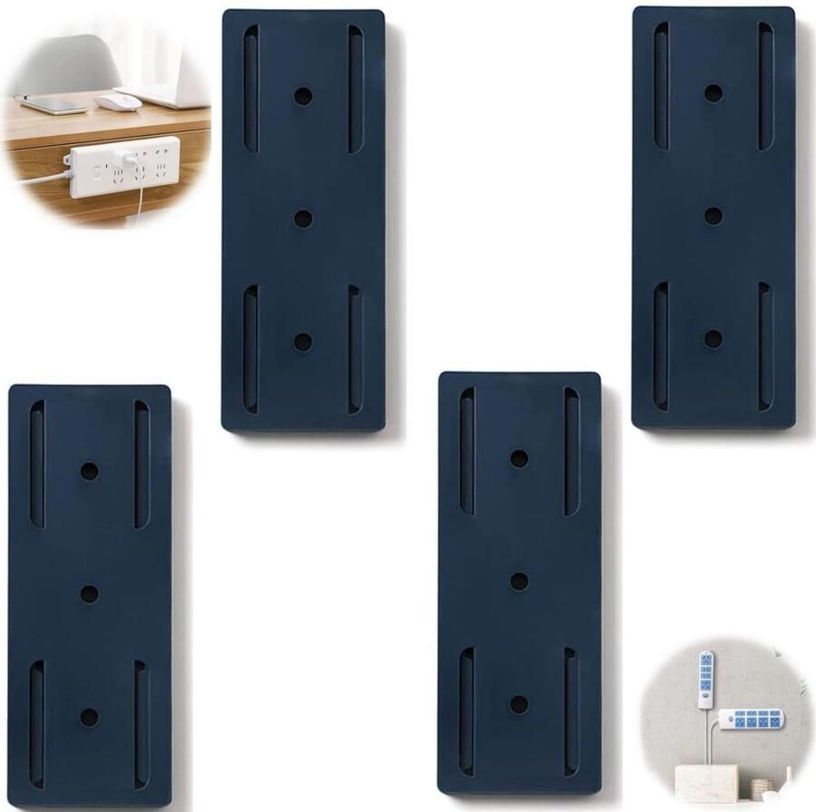 4 stopcontacthouders stekkerdoosbeugel wandcontactdooshouder stekkerdoosorganizer geschikt voor bureaus en muren in kantoren woningen en keukens (4*10cm donkerblauw)